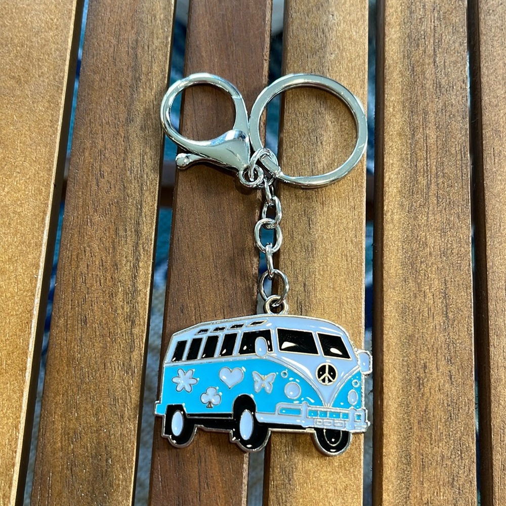 Retro Hippie Van Keychain Blue Enamel Peace Sign Boho Bus Bag Charm